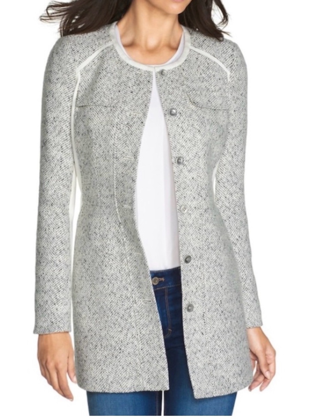 WHBM Women's Gray Tweed Button-Front Dress Jacket with Cream Trim
